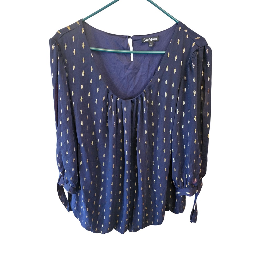 Sara‎ Michele Navy Blue Gold Metallic Foil Diamond Blouse Plus 3X Sheer Sleeve